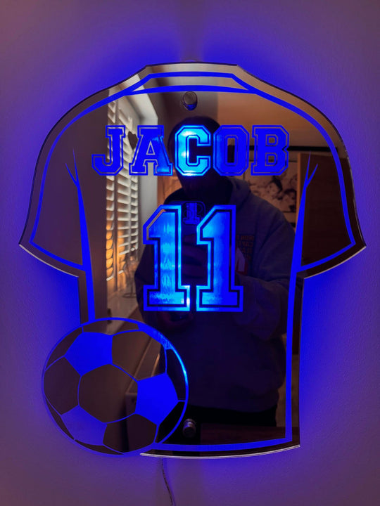 Voetbalshirt Spiegel met Naam en LED-Verlichting – Gepersonaliseerd Cadeau