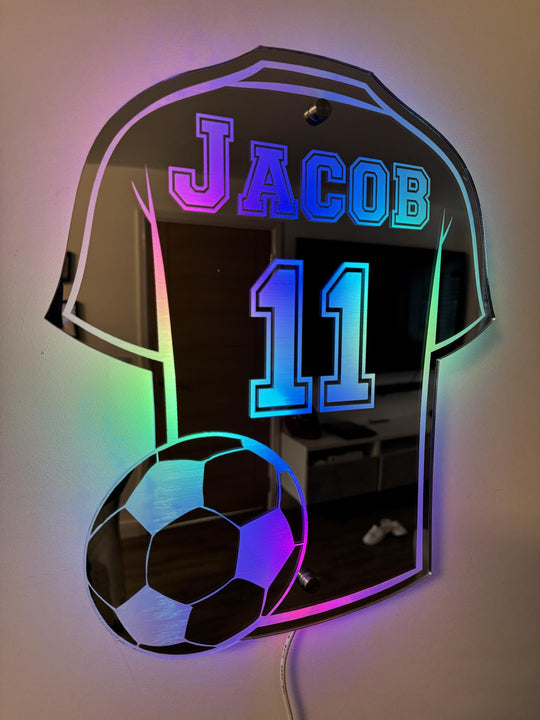 Voetbalshirt Spiegel met Naam en LED-Verlichting – Gepersonaliseerd Cadeau